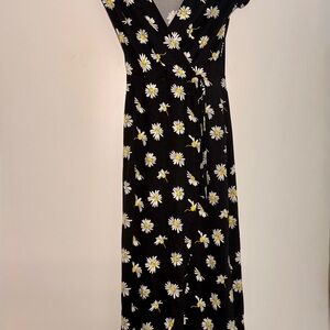 Black Daisy Wrap Long Dress - Women's Floral Summer Wrap Dress